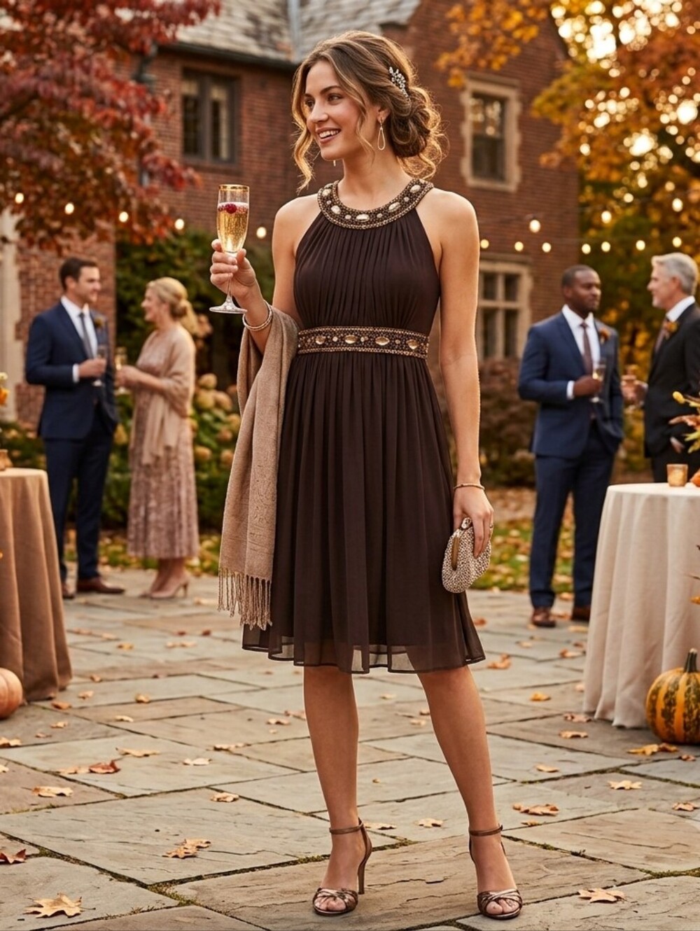 Caché Vintage Brown Beaded Jewel Neck Empire Waist Cocktail Dress 2